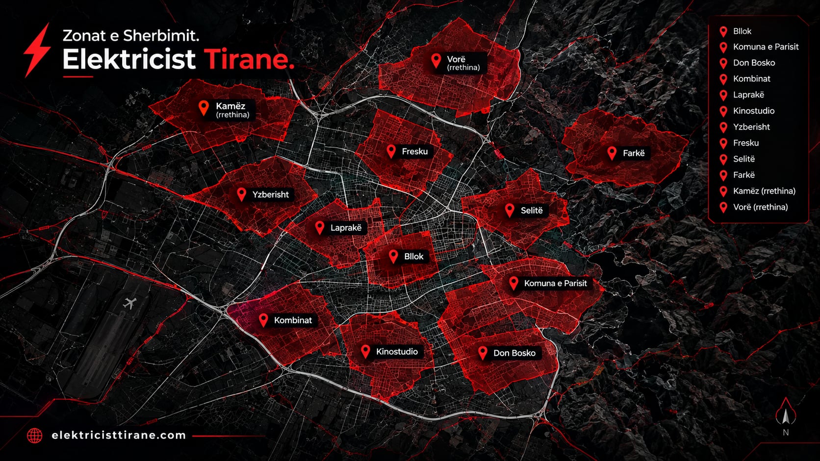 Harta e zonave të shërbimit të Elektricist Tiranë: Bllok, Komuna e Parisit, Don Bosko, Kombinat, Laprakë, Kinostudio, Yzberisht, Fresku, Selitë, Farkë, Kamëz dhe Vorë